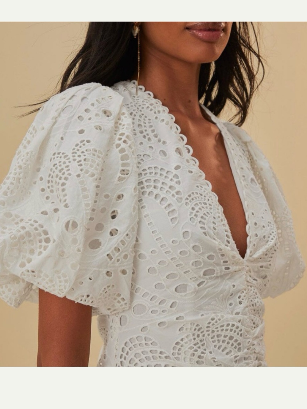 Farm Rio White Eyelet Tiered Midi Dress with Puff Sleeves Large - Picture 2 of 11